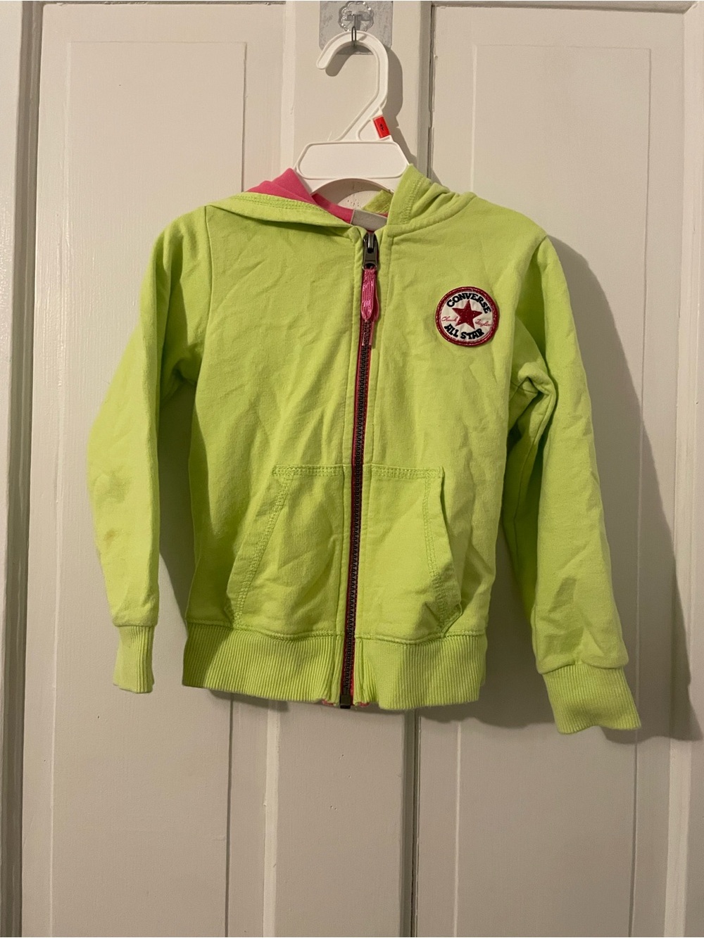 Converse Kids Neon Lime Zip Hoodie with Pink Hood Lining Size 3-4 Yrs